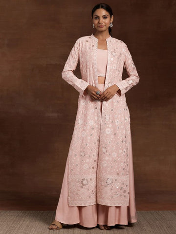 Women Indo Western Embroidered Crop Top with Palazzos & Long Shrug Ethnic Co-Ords Set VitansEthnics