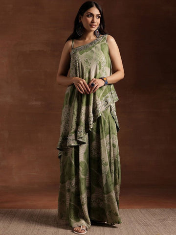 Women Indo Western Floral Printed One Shoulder Sleeveless Tunic & Palazzo With Slip Co-Ords Set VitansEthnics