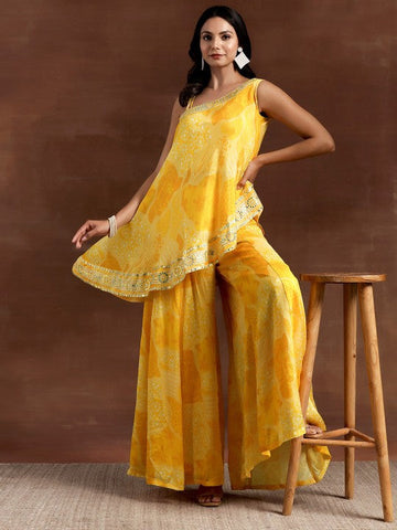 Women Indo Western Floral Printed High Low Tunic With Wide Leg Palazzos Co-Ords Set VitansEthnics