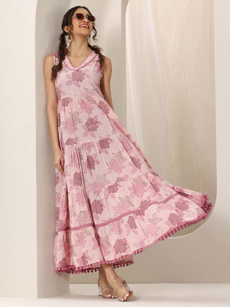 Women Floral Print Fit & Flare Maxi Tiered Dress Indian Anarkali Fusion Dress VitansEthnics