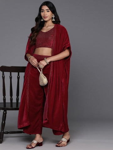 Women Indo Western Embroidered Crop Top with Palazzos & Shrug Co-Ords Set VitansEthnics