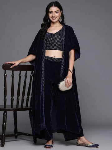 Women Indo Western Embroidered Velvet Crop Top with Palazzos & Shrug Co-Ords Set VitansEthnics