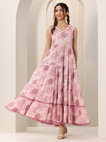 Women Floral Print Fit & Flare Maxi Tiered Dress Indian Anarkali Fusion Dress VitansEthnics