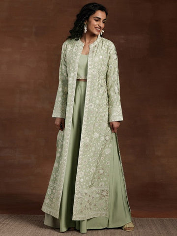 Women Indo Western Embroidered Crop Top with Palazzos & Long Shrug Co-Ords Set VitansEthnics