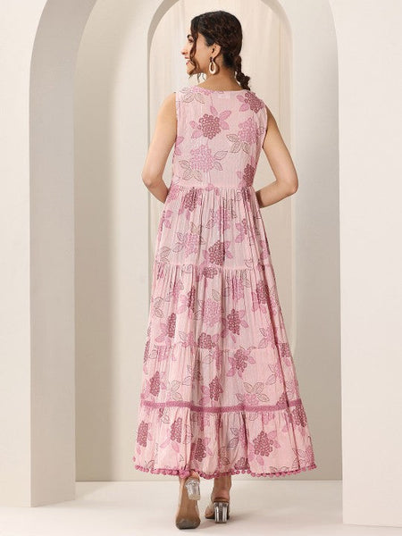 Women Floral Print Fit & Flare Maxi Tiered Dress Indian Anarkali Fusion Dress VitansEthnics