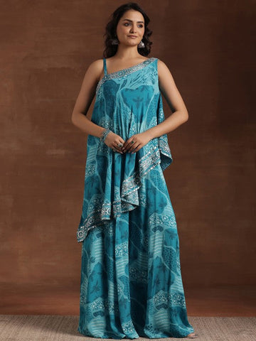 Women Indo Western Floral Printed One shoulder Neck Tunic With Flared Palazzos Co-Ords Set VitansEthnics