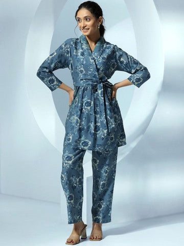 Women Indo Western Floral Printed Wrap Tunic With Trousers Ethnic Co-Ords Set VitansEthnics