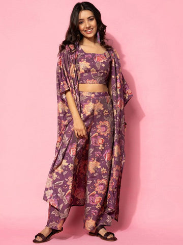 Women Indo Western Floral Printed Crop Top With Shrug & Palazzo Ethnic Co-Ords Set VitansEthnics