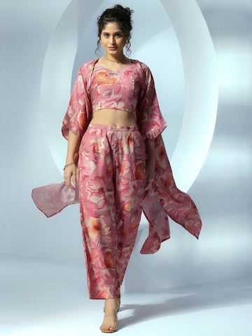 Women Indo Western Floral Printed Crop Top With Shrug & Palazzo Ethnic Co-Ords Set VitansEthnics