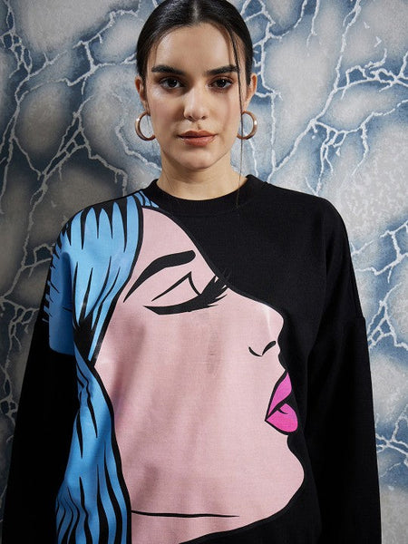 Women Black Graphic Printed Sweatshirt With Trouser Co-Ords set VitansEthnics