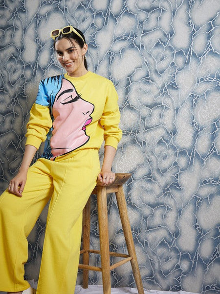 Women Yellow Graphic Printed Sweatshirt With Trouser Co-Ords set VitansEthnics