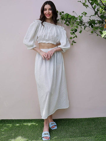 Women White Self Design Off-Shoulder Puff Sleeves Crop Top With Skirt Co-Ords set VitansEthnics