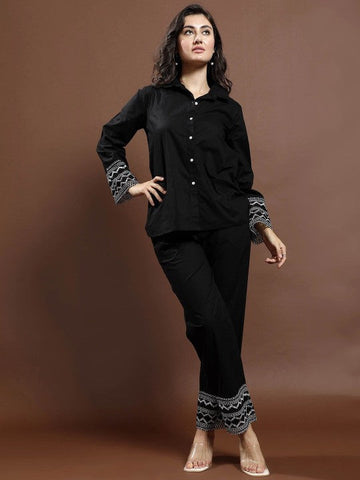 Women Black Lace Detailed Pure Cotton Shirt & Trousers Co-Ords set VitansEthnics