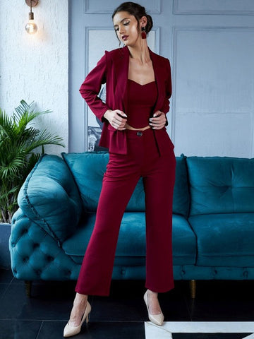Women Maroon Solid Three Piece Blazer Co-Ords set VitansEthnics