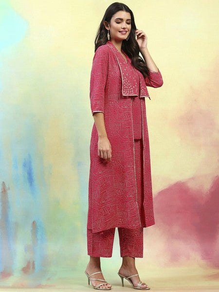 Women Pink Abstract Printed Tunic With Trousers & Shrug Co-Ords set VitansEthnics