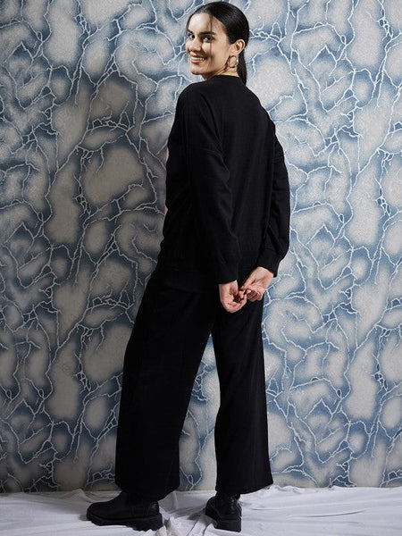 Women Black Graphic Printed Sweatshirt With Trouser Co-Ords set VitansEthnics