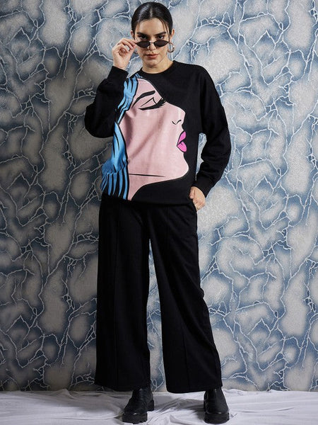 Women Black Graphic Printed Sweatshirt With Trouser Co-Ords set VitansEthnics