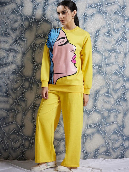 Women Yellow Graphic Printed Sweatshirt With Trouser Co-Ords set VitansEthnics