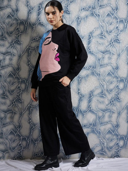 Women Black Graphic Printed Sweatshirt With Trouser Co-Ords set VitansEthnics