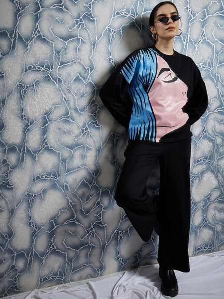 Women Black Graphic Printed Sweatshirt With Trouser Co-Ords set VitansEthnics