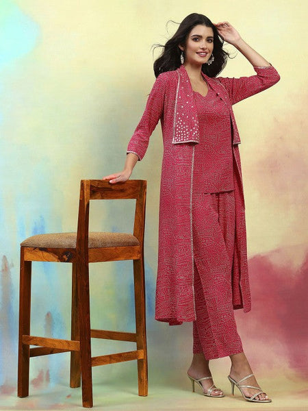 Women Pink Abstract Printed Tunic With Trousers & Shrug Co-Ords set VitansEthnics