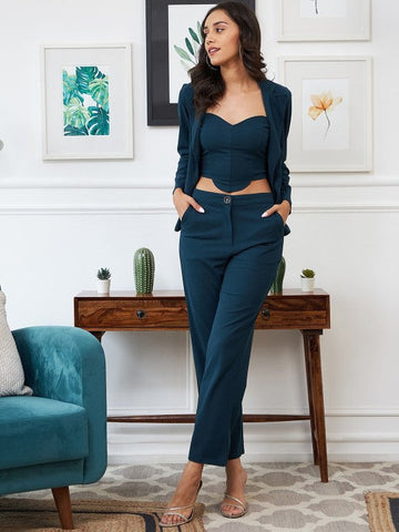 Women Teal-Blue Solid Three Piece Blazer Co-Ords set VitansEthnics