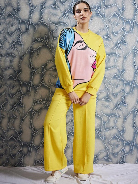 Women Yellow Graphic Printed Sweatshirt With Trouser Co-Ords set VitansEthnics