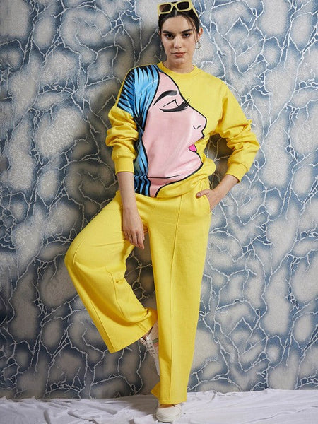 Women Yellow Graphic Printed Sweatshirt With Trouser Co-Ords set VitansEthnics