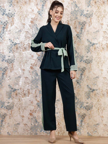 Women Green Embellished Sequinned Blazer With Trousers Co-Ords set VitansEthnics