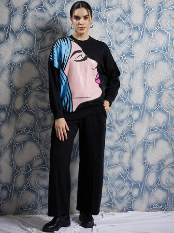 Women Black Graphic Printed Sweatshirt With Trouser Co-Ords set VitansEthnics