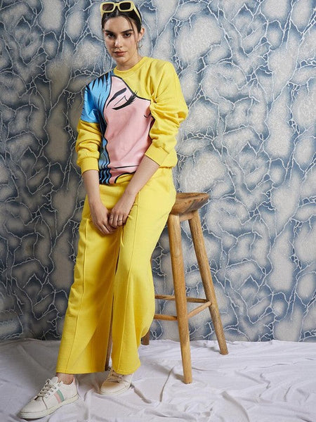 Women Yellow Graphic Printed Sweatshirt With Trouser Co-Ords set VitansEthnics