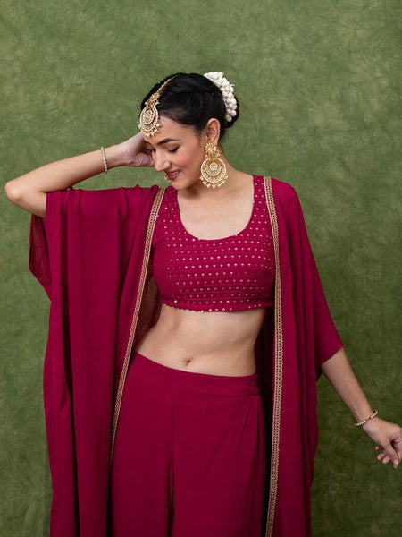 Women Embroidered Round-Neck Ethnic Crop Top With Palazzo & Shrug Indo Western Fusion Outfit (Copy) VitansEthnics