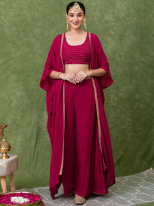 Women Embroidered Round-Neck Ethnic Crop Top With Palazzo & Shrug Indo Western Fusion Outfit (Copy) VitansEthnics