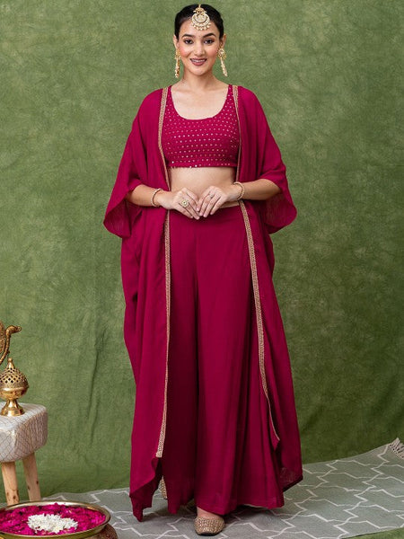 Women Embroidered Round-Neck Ethnic Crop Top With Palazzo & Shrug Indo Western Fusion Outfit (Copy) VitansEthnics