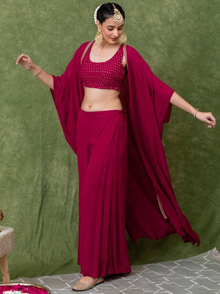 Women Embroidered Round-Neck Ethnic Crop Top With Palazzo & Shrug Indo Western Fusion Outfit (Copy) VitansEthnics