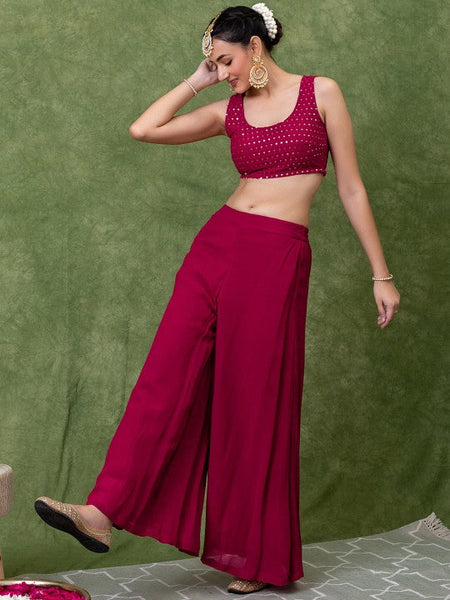 Women Embroidered Round-Neck Ethnic Crop Top With Palazzo & Shrug Indo Western Fusion Outfit (Copy) VitansEthnics