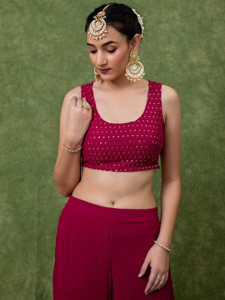 Women Embroidered Round-Neck Ethnic Crop Top With Palazzo & Shrug Indo Western Fusion Outfit (Copy) VitansEthnics