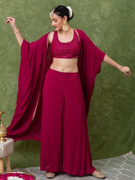 Women Embroidered Round-Neck Ethnic Crop Top With Palazzo & Shrug Indo Western Fusion Outfit (Copy) VitansEthnics