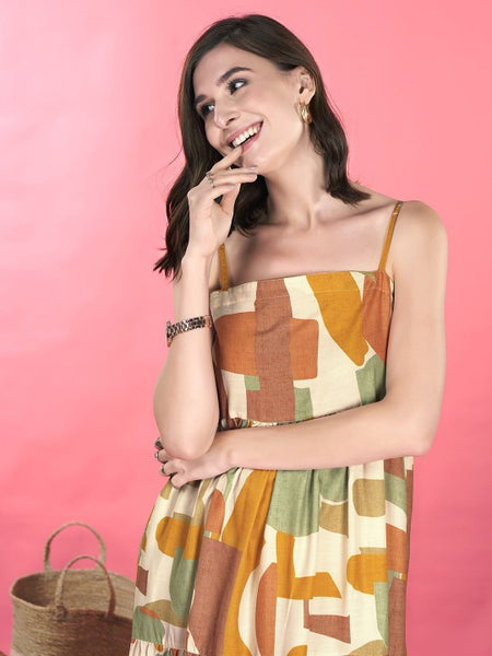 Women Abstract Print Shoulder Straps Sleeveless Layered Maxi Dress