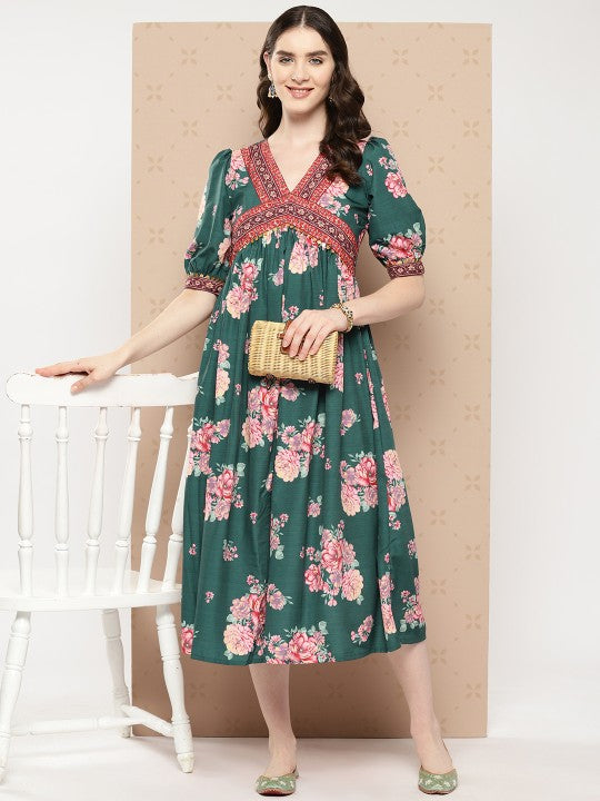 Women Indian Floral Printed Puff Sleeves Empire Ethnic Dress