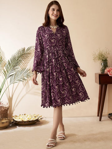 Women Indian Abstract Midi Tassel Ethnic Dress Indo Western Fusion Dress