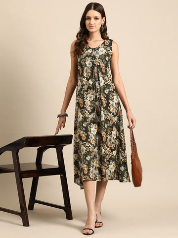 Women Indian Floral Printed Fit & Flare Midi Ethnic Indo Western Fusion Dress