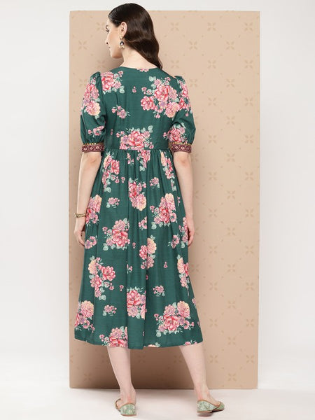 Women Indian Floral Printed Puff Sleeves Empire Ethnic Dress