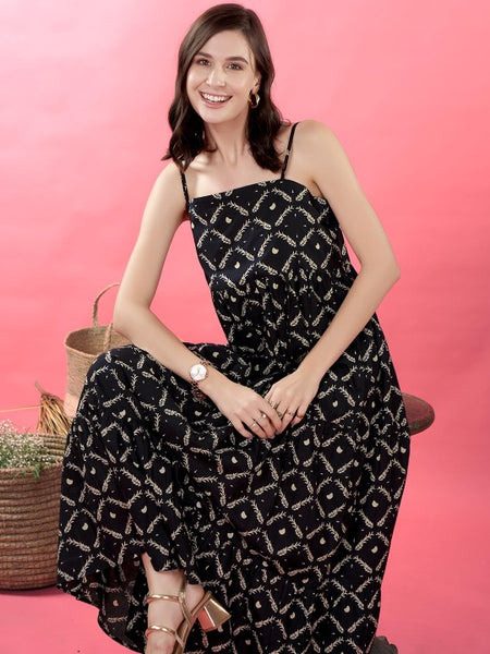 Women Abstract Print Shoulder Straps Sleeveless Layered Maxi Dress