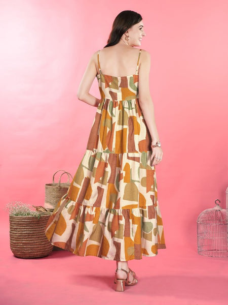 Women Abstract Print Shoulder Straps Sleeveless Layered Maxi Dress