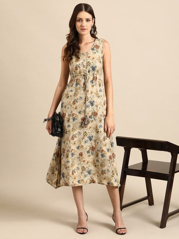 Women Indian Floral Printed Fit & Flare Midi Ethnic Indo Western Fusion Dress