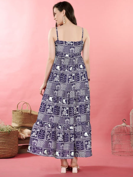 Women Abstract Print Shoulder Straps Sleeveless Layered Indian Maxi Dress