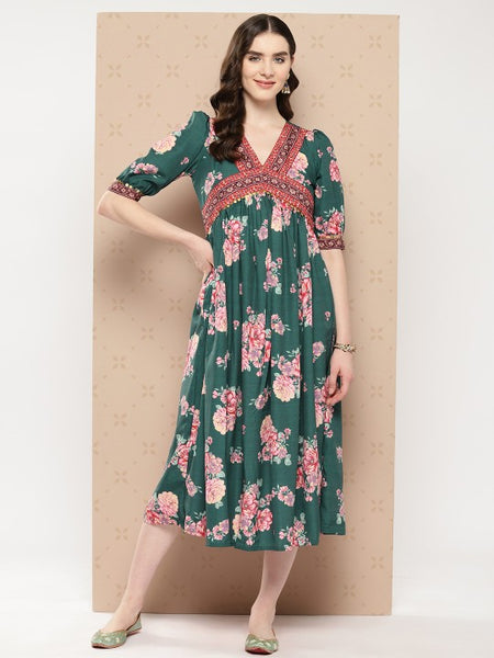 Women Indian Floral Printed Puff Sleeves Empire Ethnic Dress
