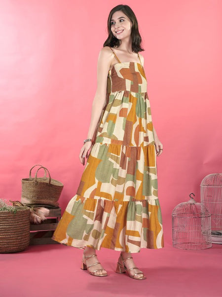 Women Abstract Print Shoulder Straps Sleeveless Layered Maxi Dress