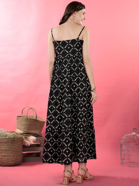 Women Abstract Print Shoulder Straps Sleeveless Layered Maxi Dress